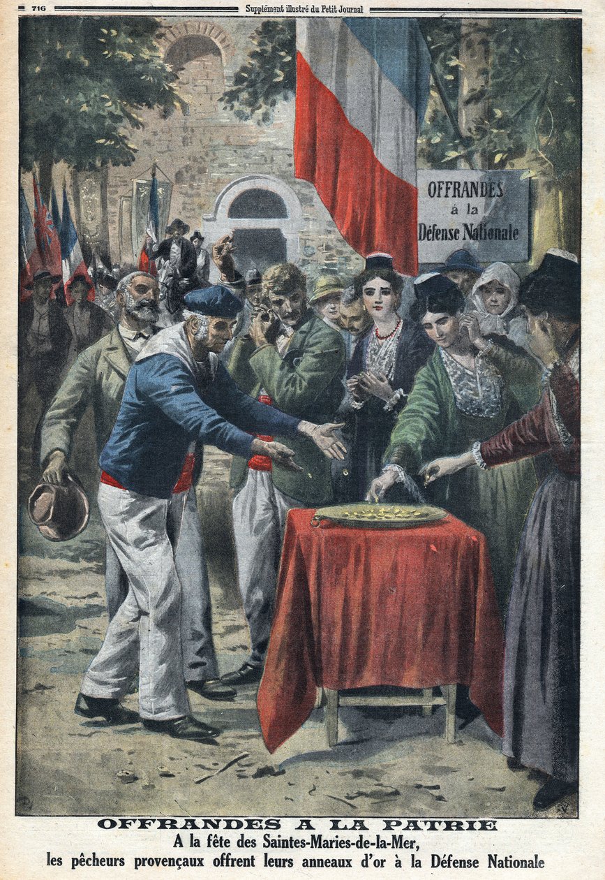 Ensimmäinen maailmansota 1914-1918 (sota 14-18). Fete des Saintes Maries de la Mer (Saintes-Maries-de-la-Mer) merimiehet tarjosivat kansalle kultasormuksia rahoittaakseen apua maanpuolustukselle. "" Le Petite Journalissa", 12.11.1916. Yksityinen kokoelma tekijältä Anonymous Anonymous