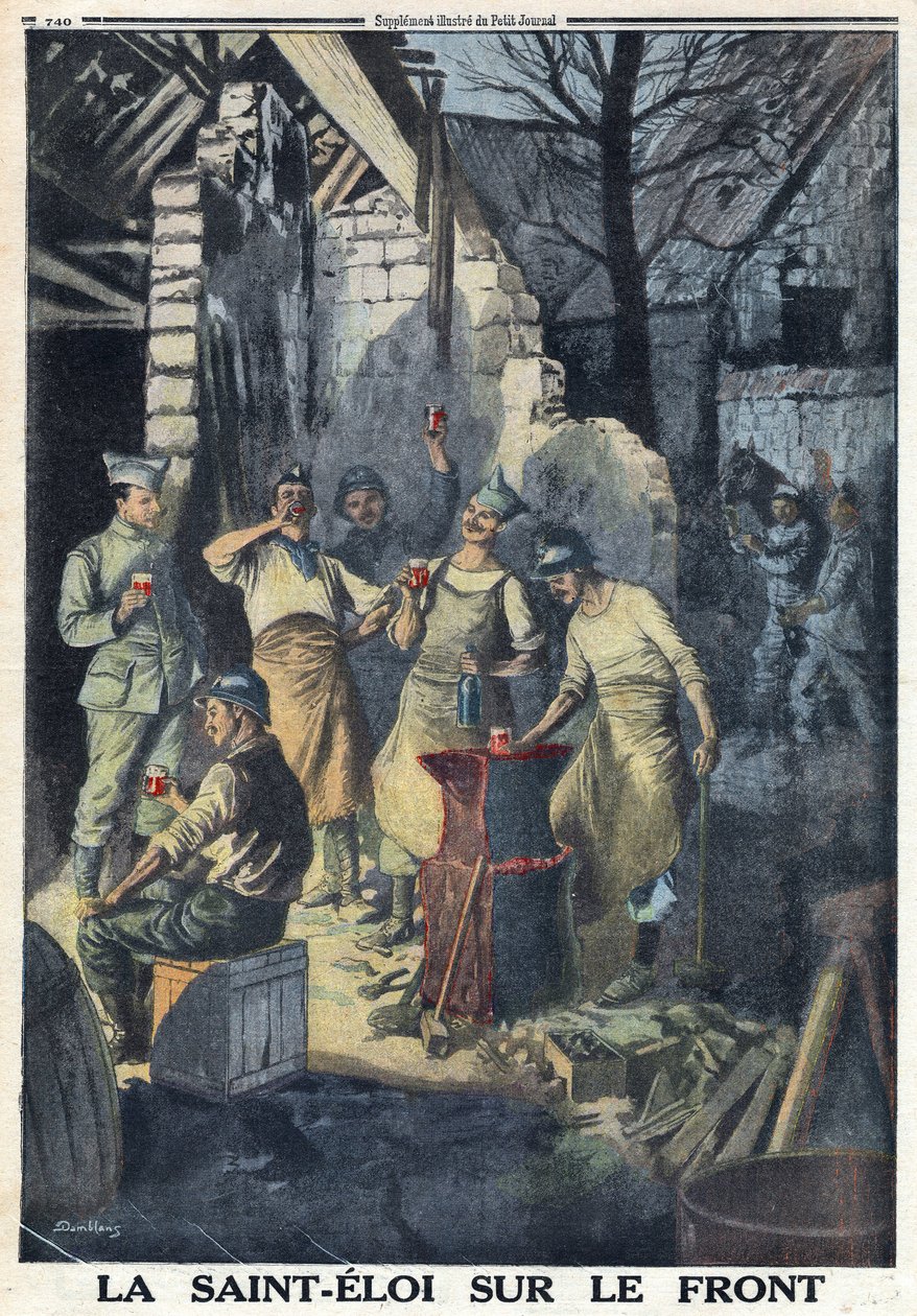 Ensimmäinen maailmansota 1914-1918 (sota 14-18). Rintaman sotilaiden Saint Eloin (Saint-Eloi) juhla. He kaikki juovat lasin punaviiniä juhliin. "" Le Petite Journalissa", 12.3.1916. Yksityinen kokoelma tekijältä Anonymous Anonymous