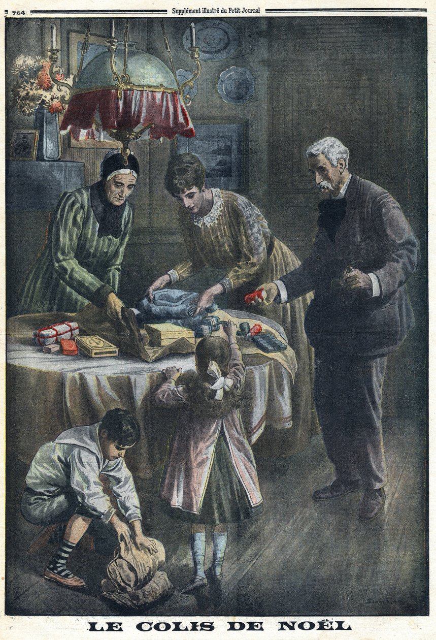 Ensimmäinen maailmansota 1914-1918 (sota 14-18). Joululahja: Lapset vastaanottavat ja purkavat paketit, jotka he saivat isältään taistelukentällä jouluaattona. "" Le Petite Journal" -lehdessä, 24.12.1916. Yksityinen kokoelma tekijältä Anonymous Anonymous