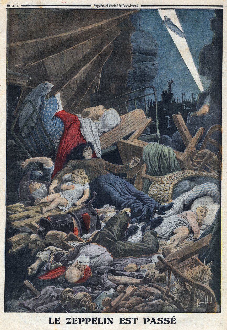 Ensimmäinen maailmansota 1914-1918 (sota 14-18). Siviiliväestö kuoli hänen kotonaan Saksan ilmavoimien Zeppelinin pommituksessa. "" Le Petite Journal" -lehdessä, 13.2.1916. Yksityinen kokoelma tekijältä Anonymous Anonymous
