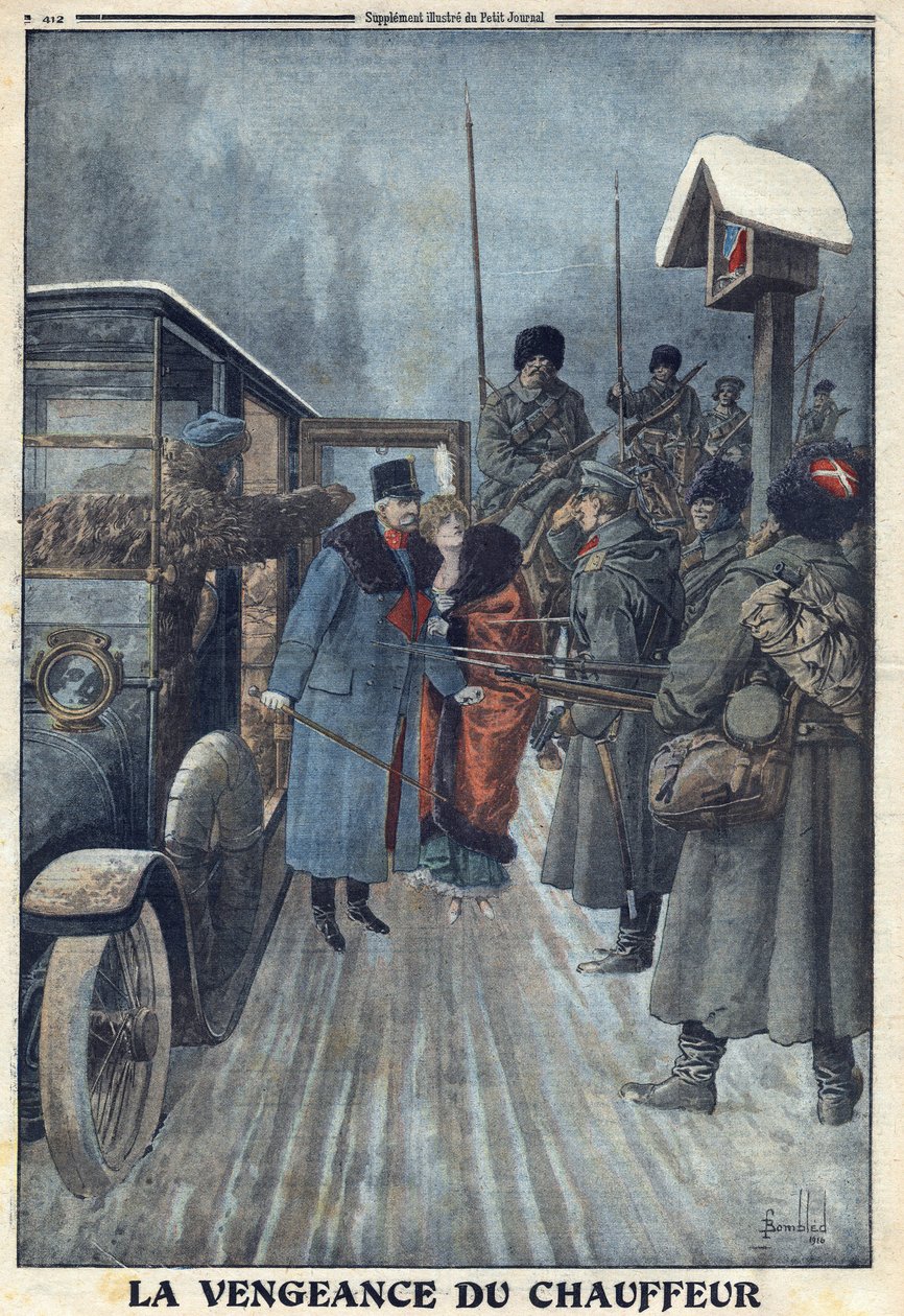 Ensimmäinen maailmansota 1914-1918 (sota 14-18). Itävaltalainen kenraali Skarbonovich joutuu vangiksi venäläiselle leirille, kun kuljettaja halusi kostaa hänen pahoinpitelynsä. "" Le Petite Journal" -lehdessä, 20.2.1916. Yksityinen kokoelma tekijältä Anonymous Anonymous