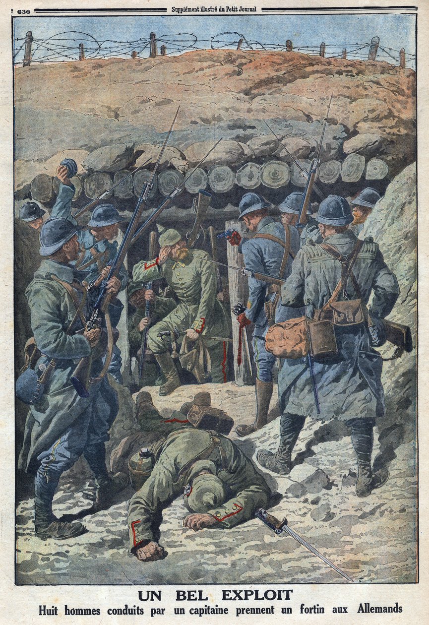 Ensimmäinen maailmansota 1914-1918 (sota 14-18). Kahdeksan ranskalaisen armeijan sotilasta kapteenin johdolla otti linnoituksen saksalaisilta. "" Le Petité Journalissa", 3.9.1916. Yksityinen kokoelma tekijältä Anonymous Anonymous