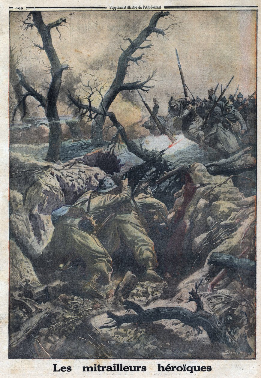 Ensimmäinen maailmansota 1914-1918 (sota 14-18). Ranskalaiset konekiväärit ampuivat Saksan armeijan hyökkäystä vastaan. "" Le Petite Journal" -lehdessä, 9.4.1916. Yksityinen kokoelma tekijältä Anonymous Anonymous