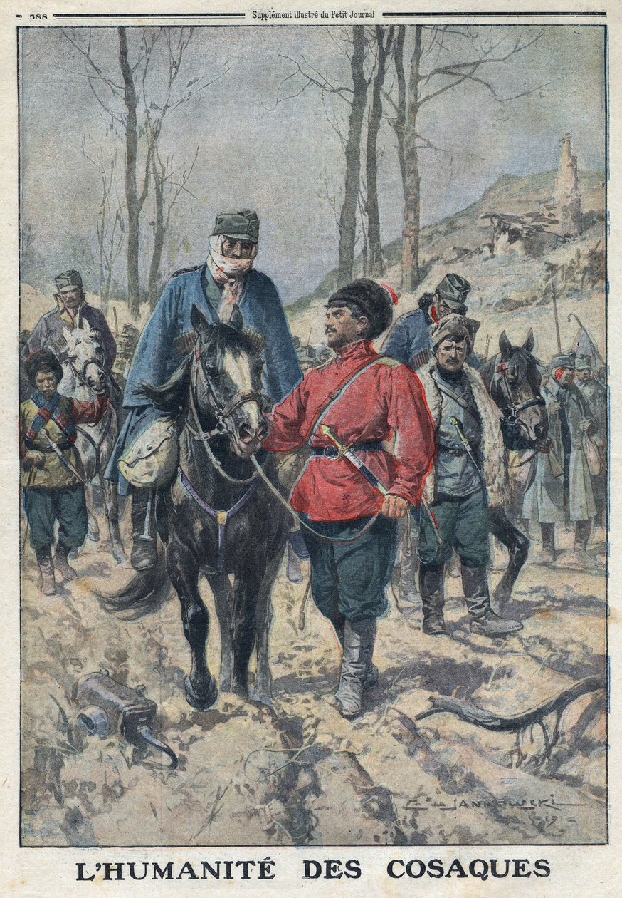Ensimmäinen maailmansota 1914-1918 (sota 14-18). Hevosia lainataan kausakkiarmeijan sairaille tai loukkaantuneille itävaltalaisille vangeille. "" Le Petite Journal" -lehdessä, 23.7.1916. Yksityinen kokoelma tekijältä Anonymous Anonymous