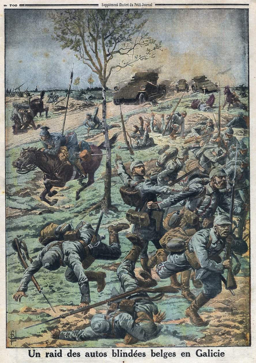 Ensimmäinen maailmansota 1914-1918 (sota 14-18). Sokettujen belgialaisten autojen ratsastus Galiciassa. "" Le Petite Journalissa", 29.10.1916. Yksityinen kokoelma tekijältä Anonymous Anonymous
