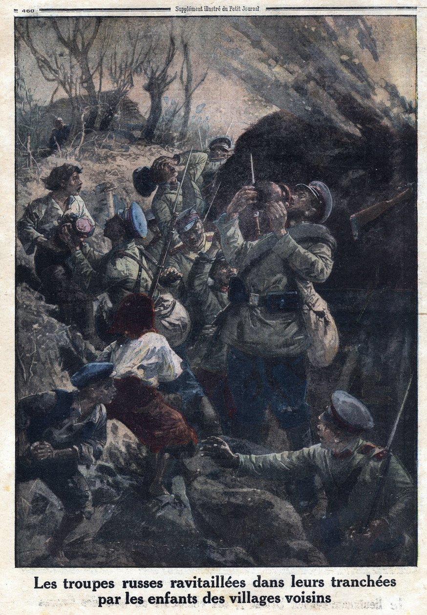 Ensimmäinen maailmansota 1914-1918 (sota 14-18). Naapurikylien lapset tankkasivat venäläisiä sotilaita haudoissaan. "" Le Petite Journal" -lehdessä, 2.4.1916. Yksityinen kokoelma tekijältä Anonymous Anonymous