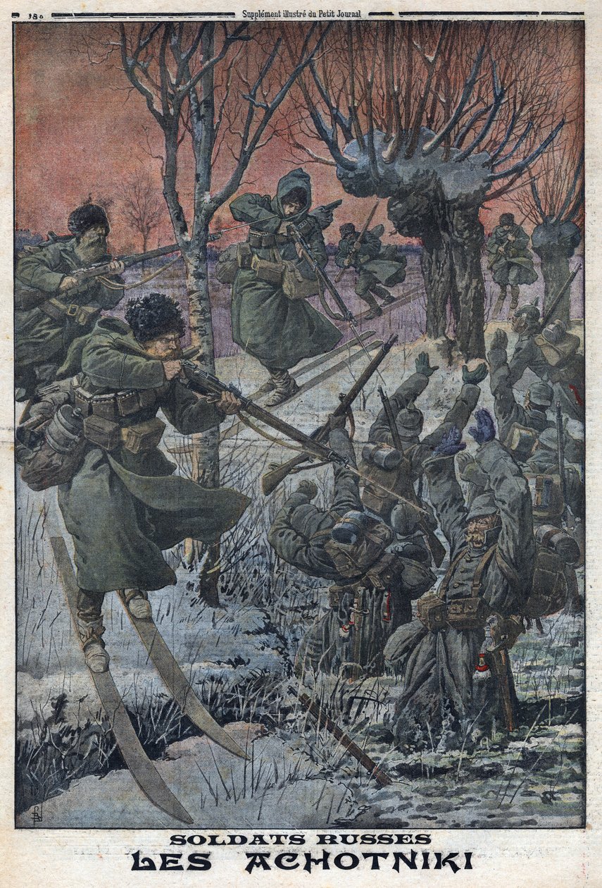 Ensimmäinen maailmansota 1914-1918 (sota 14-18). Venäläissotilaat Ahotniki suksilla ampuvat saksalaisia sotilaita. "" Le Petite Journal" -lehdessä, 23.1.1916. Yksityinen kokoelma tekijältä Anonymous Anonymous