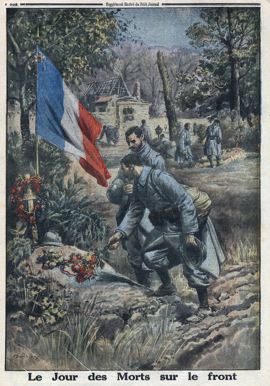 Ensimmäinen maailmansota 1914-1918 (sota 14-18). Kuolleiden päivä rintamalla: Sotilaat pyhien päivänä kukkivat kaatuneiden sotilaiden haudalla. "" Le Petite Journal" -lehdessä, 11.5.1916. Yksityinen kokoelma tekijältä Anonymous Anonymous