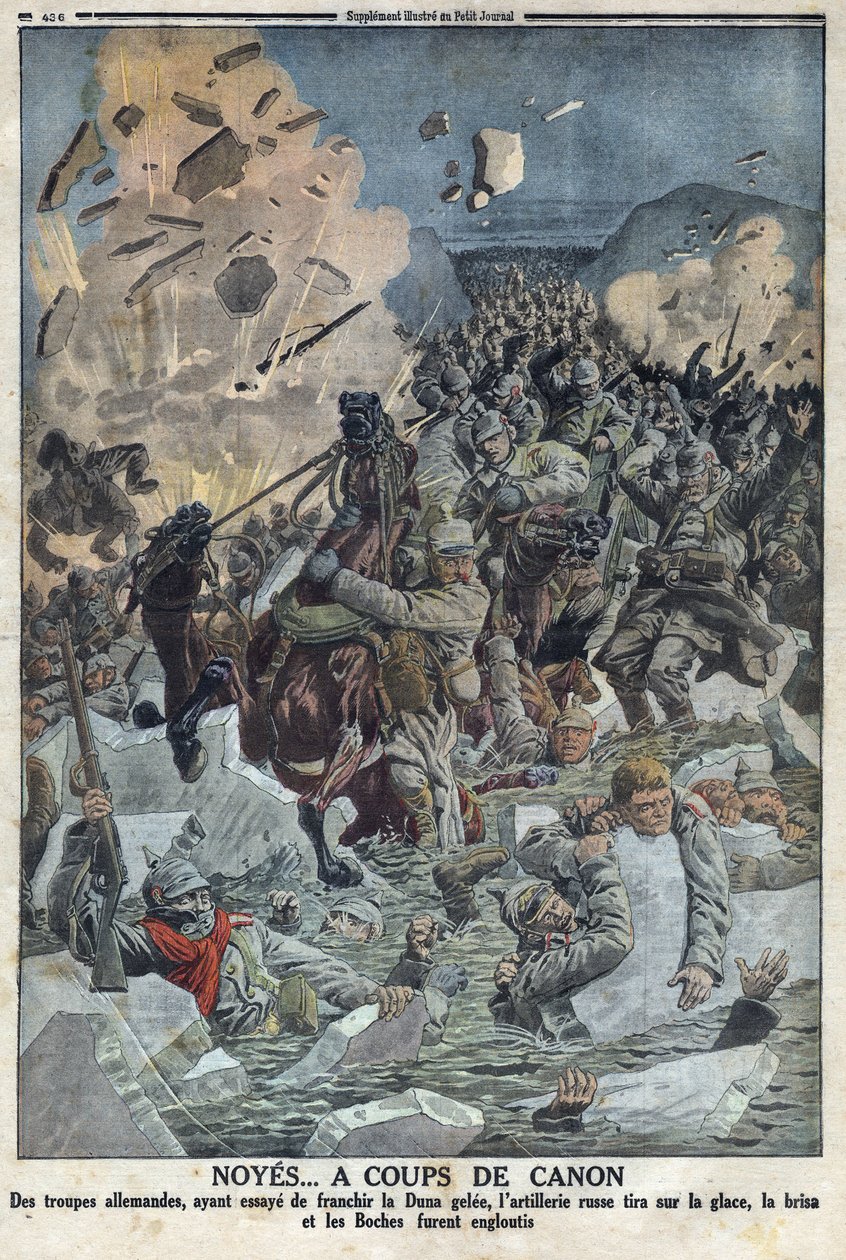 Ensimmäinen maailmansota 1914-1918 (sota 14-18). Saksan armeija yrittää ylittää Duna gele -joen, mutta venäläinen tykistö ampui jäätä aseella ja hukutti Saksan armeijan (tekstissä lempinimeltään Boche) "" The Petity Journalissa"" tekijältä Anonymous Anonymous