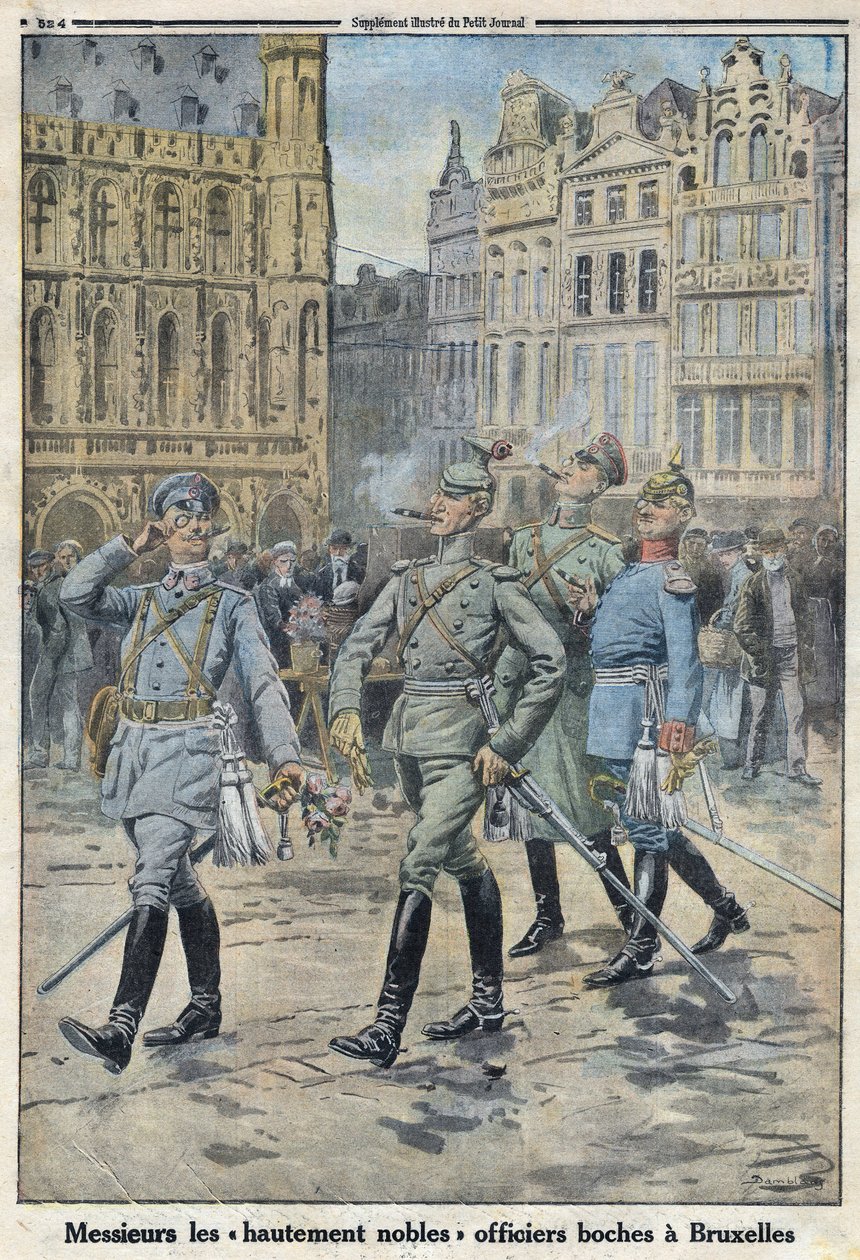 Ensimmäinen maailmansota 1914-1918 (sota 14-18). Saksalaiset upseerit Brysselissä edustivat "erittäin jaloja bocheja". "" Le Petite Journal" -lehdessä, 28.5.1916. Yksityinen kokoelma tekijältä Anonymous Anonymous