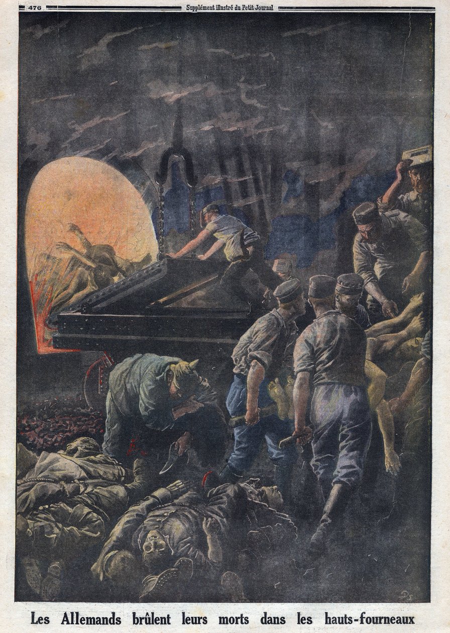 Ensimmäinen maailmansota 1914-1918 (sota 14-18). Saksalaiset polttavat kuolleita sotilaita uuneissa. "" Le Petite Journal" -lehdessä, 23.4.1916. Yksityinen kokoelma tekijältä Anonymous Anonymous