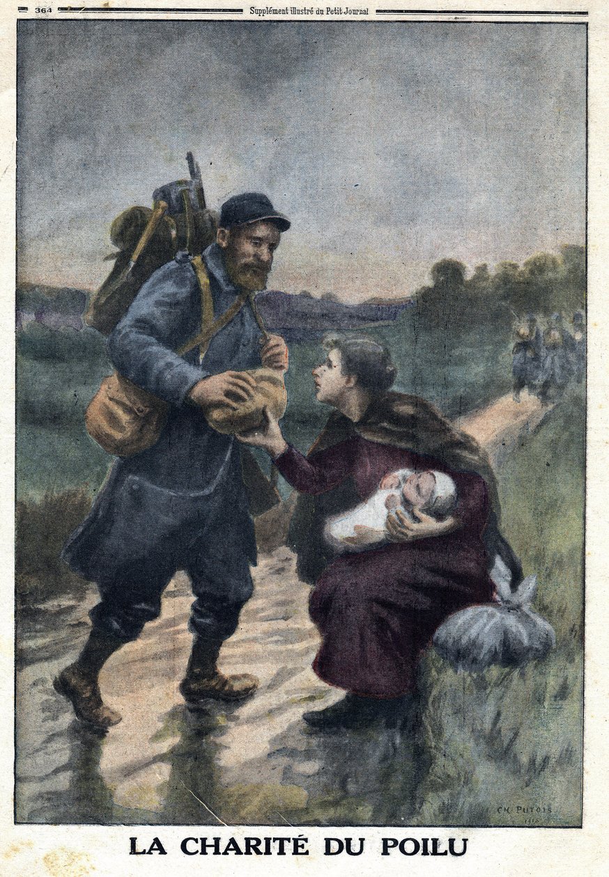 Ensimmäinen maailmansota 1914-1918 (sota 14-18). Karvaisten hyväntekeväisyys: ranskalainen sotilas polulla pysähtyy tarjoamaan leipää naiselle yksin vauvansa kanssa. "" Le Petite Journal" -lehdessä, 9.1.1916. Yksityinen kokoelma tekijältä Anonymous Anonymous
