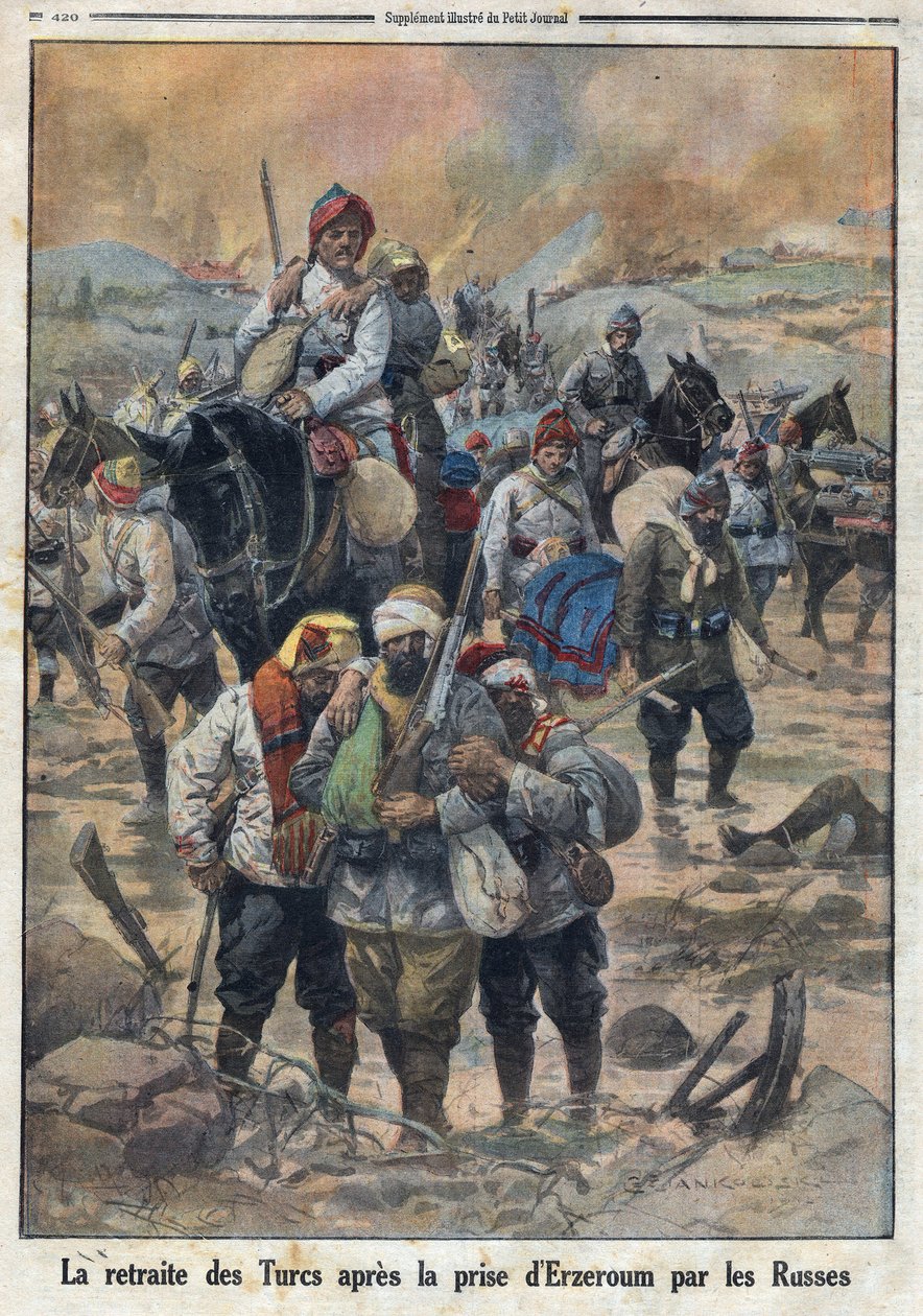 Ensimmäinen maailmansota 1914-1918 (sota 14-18). Turkkilaisten vetäytyminen sen jälkeen, kun venäläiset valtasivat Erzerumin. "" Le Petite Journal" -lehdessä, 27.2.1916. Yksityinen kokoelma tekijältä Anonymous Anonymous