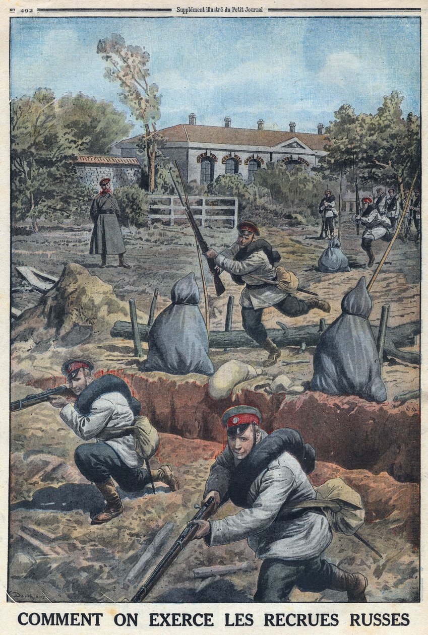 Ensimmäinen maailmansota 1914-1918 (sota 14-18). Venäjän armeijan värväämien nuorten sotilaiden koulutus. "" Le Petite Journal" -lehdessä, 30.4.1916. Yksityinen kokoelma tekijältä Anonymous Anonymous