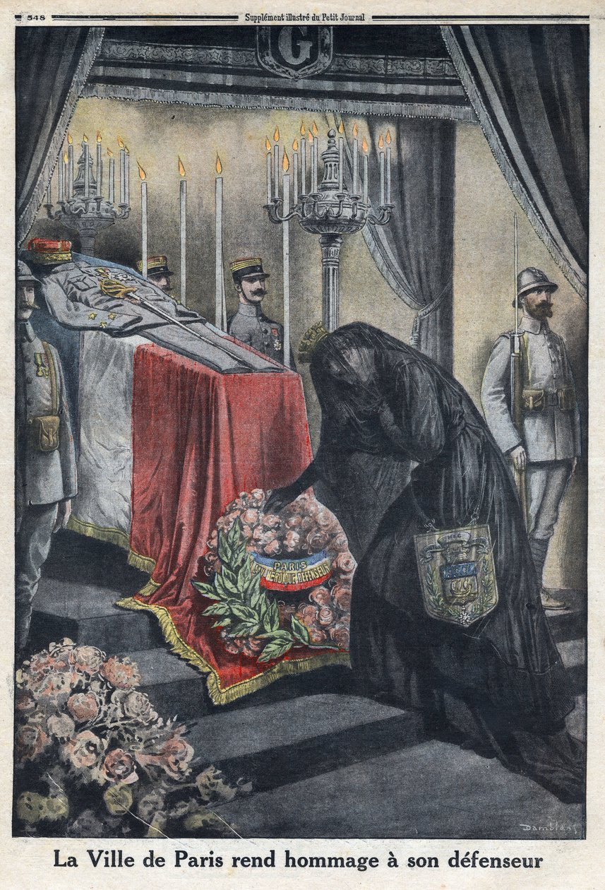 Ensimmäinen maailmansota 1914-1918 (sota 14-18). Pariisin kaupungin kunnianosoitus kenraali Joseph Simon Gallienille (1849-1916), joka puolusti kaupunkia. "" Le Petite Journal" -lehdessä, 18.6.1916. Yksityinen kokoelma tekijältä Anonymous Anonymous