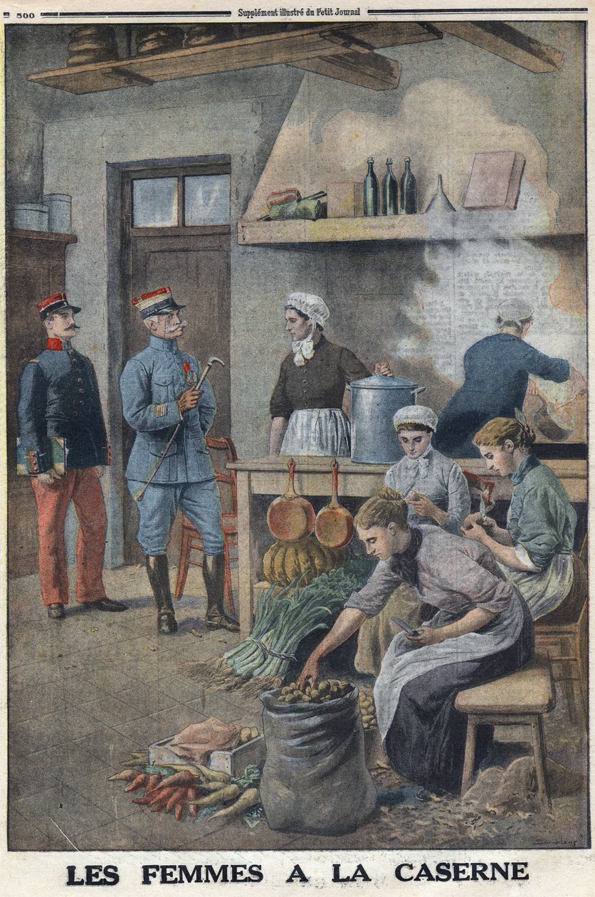 Ensimmäinen maailmansota 1914-1918 (sota 14-18). Naiset valmistamassa ruokaa kasarmin keittiössä. Kolme kokkia perunakorveessa, kuori perunat. "" Le Petite Journal" -lehdessä, 7.5.1916. Yksityinen kokoelma tekijältä Anonymous Anonymous