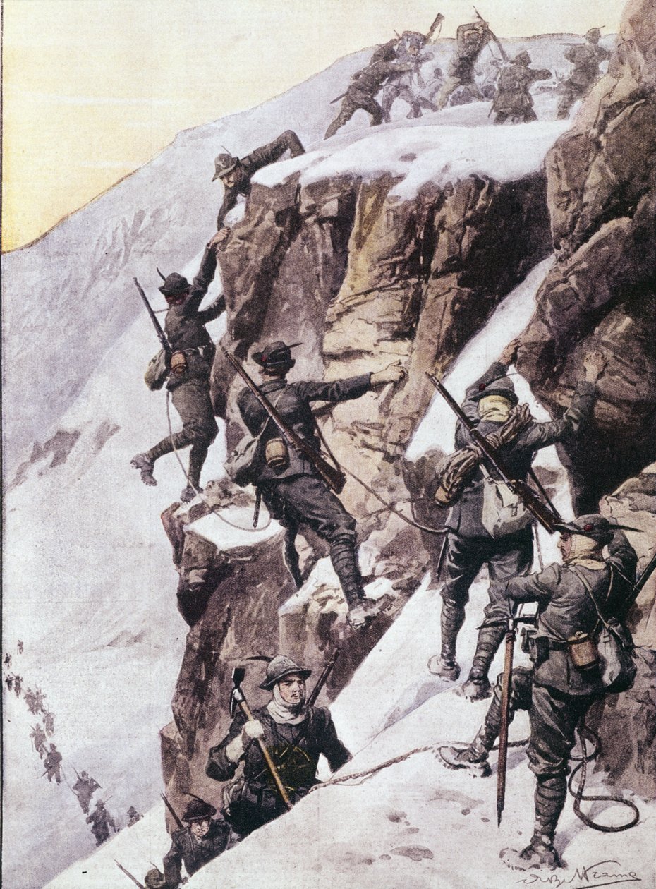 Ensimmäinen maailmansota: italialaiset alppimetsästäjät (alpinot tai alpiinit) kiipeämässä Tuckettspitzen (Tuckett-Spitze tai Tuckettin huippu), Alpit noin 1915 Kuvitus "La domenica del corrieresta" tekijältä Anonymous Anonymous