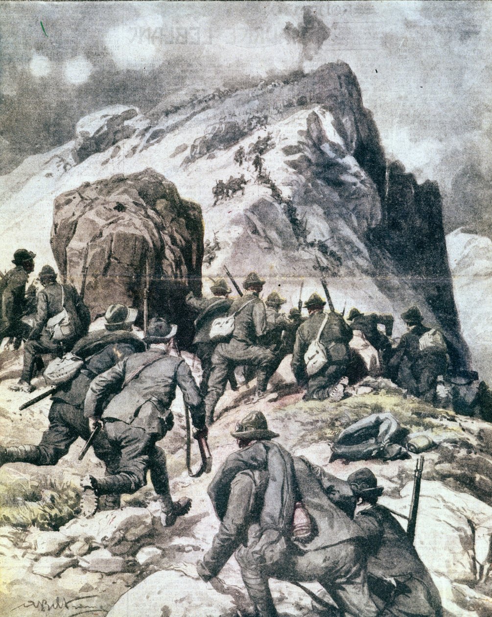 Ensimmäinen maailmansota: "" italialaiset alppimetsästäjät (alpinot tai alpinit) kiipeämässä Cauriolin huipulle, Italian Alpeilla"" 1916 Kuvitus teoksesta "La domenica del corriere"" tekijältä Anonymous Anonymous