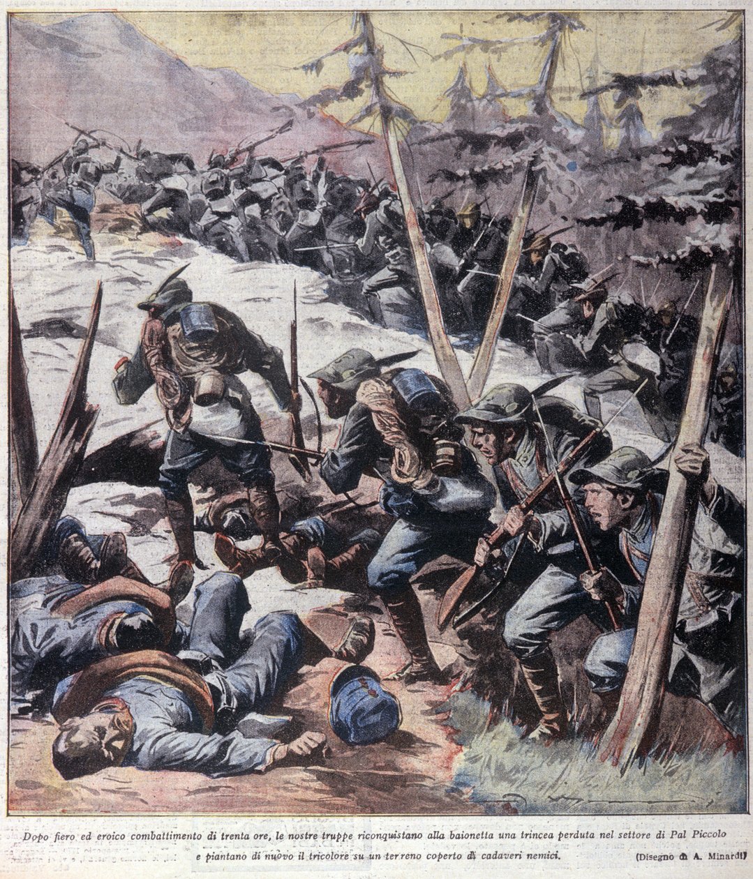 Ensimmäinen maailmansota: "" italialaiset alppimetsästäjät (alpino tai alpini) ottavat takaisin Pal Piccolon, Italian alpit"" 1916 Kuvitus "La domenica del corrieresta"" tekijältä Anonymous Anonymous