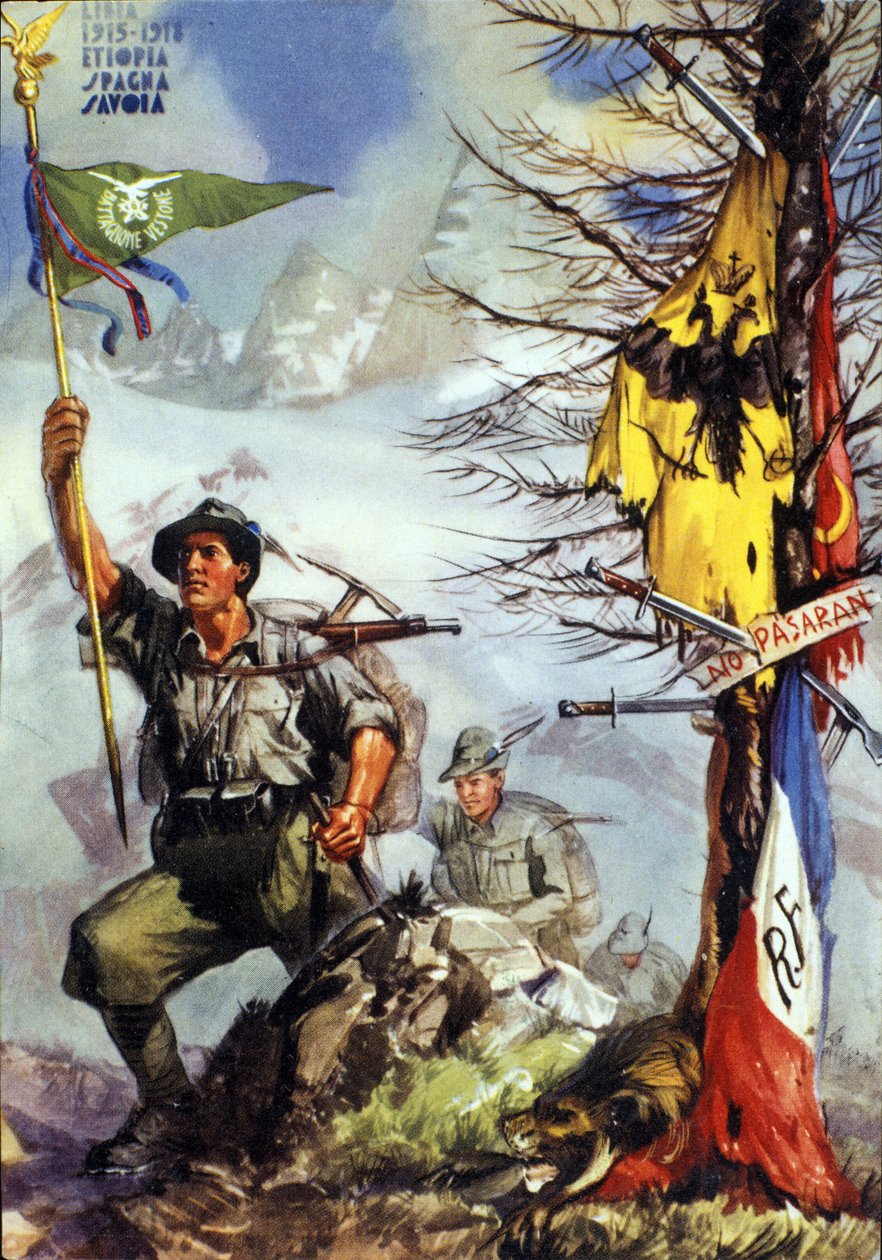 Ensimmäinen maailmansota: "" Juliste, joka juhlii Italian alppimetsästäjien Vestone-pataljoonaa (Alpino tai Alpini), 6. rykmentti tekijältä Anonymous Anonymous