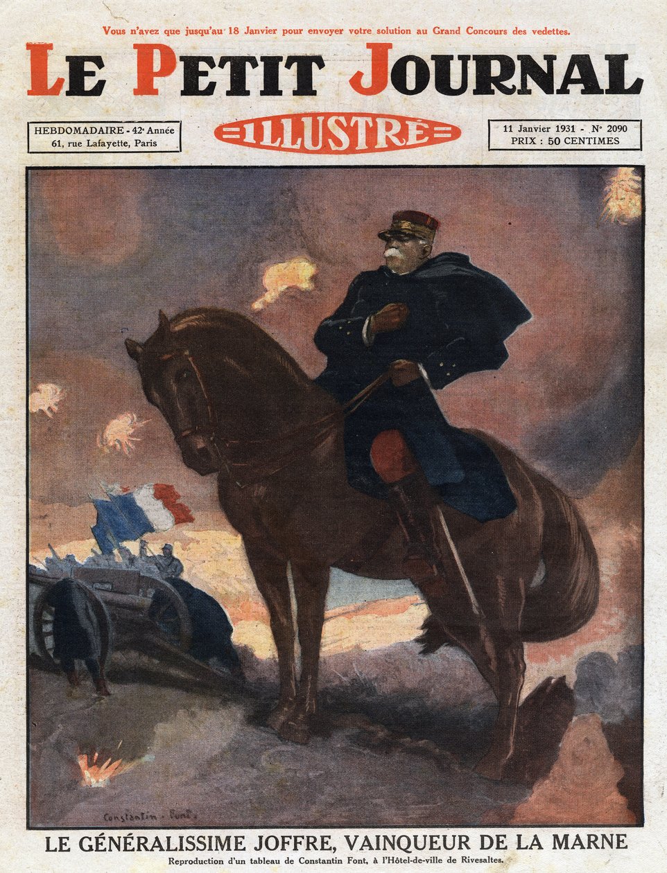 Ensimmäinen maailmansota: kenraali Joseph Joffren (1852-1931) muotokuva hevosen selässä voittajana La Marnen taistelukentällä (syyskuu 1914)” Kuvitus Constantine Fontin maalauksesta. Kaiverrus "Le petit journal illustrious" -julkaisusta vuodelta 1931. tekijältä Anonymous Anonymous