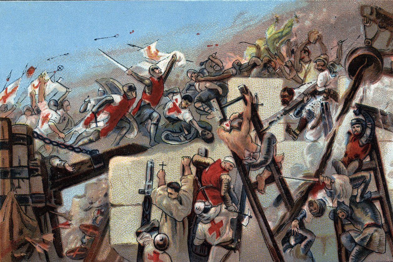 Ensimmäinen ristiretki (1096-1099): Jerusalemin valloitus Bouillonin Godefroyn (Godefroi) (1061-1100) johtamien croissien toimesta 15. heinäkuuta 1099. Antoine-suklaatin mainoskromolitografia Brysselissä, 1900-luvun alussa. Yksityinen kokoelma tekijältä Anonymous Anonymous