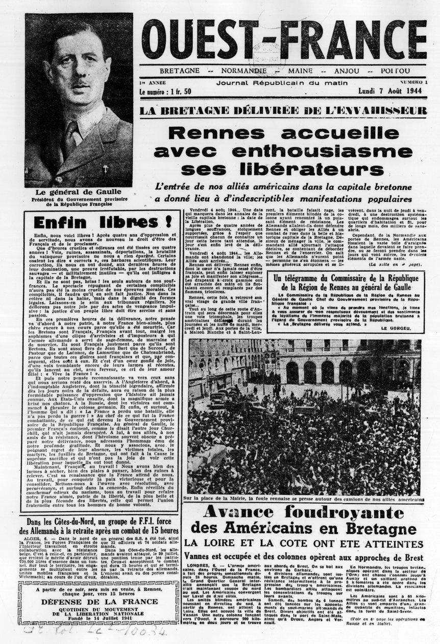 Länsi-Ranskan ensimmäinen numero 7. elokuuta 1944: La La La La Liberation Länsi-Ranskassa ja kenraali de Gaulle - valokuvaus, B.N. tekijältä Anonymous Anonymous