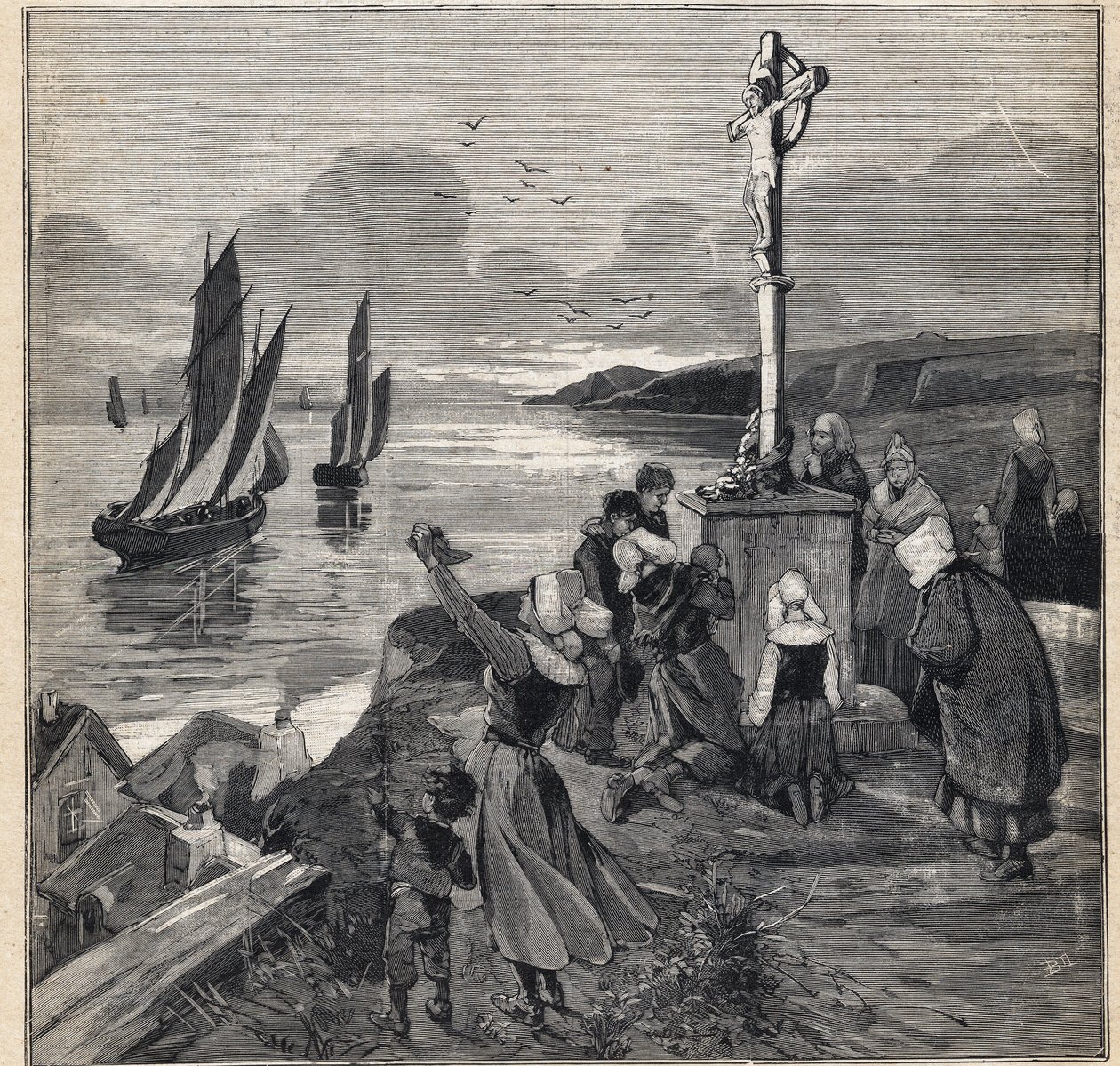 Kalastus Islannissa: kalastajat lähtevät Bretagnen. Kaiverrus kirjassa "" Le Petit Parisien"" 12.3.1893. tekijältä Anonymous Anonymous
