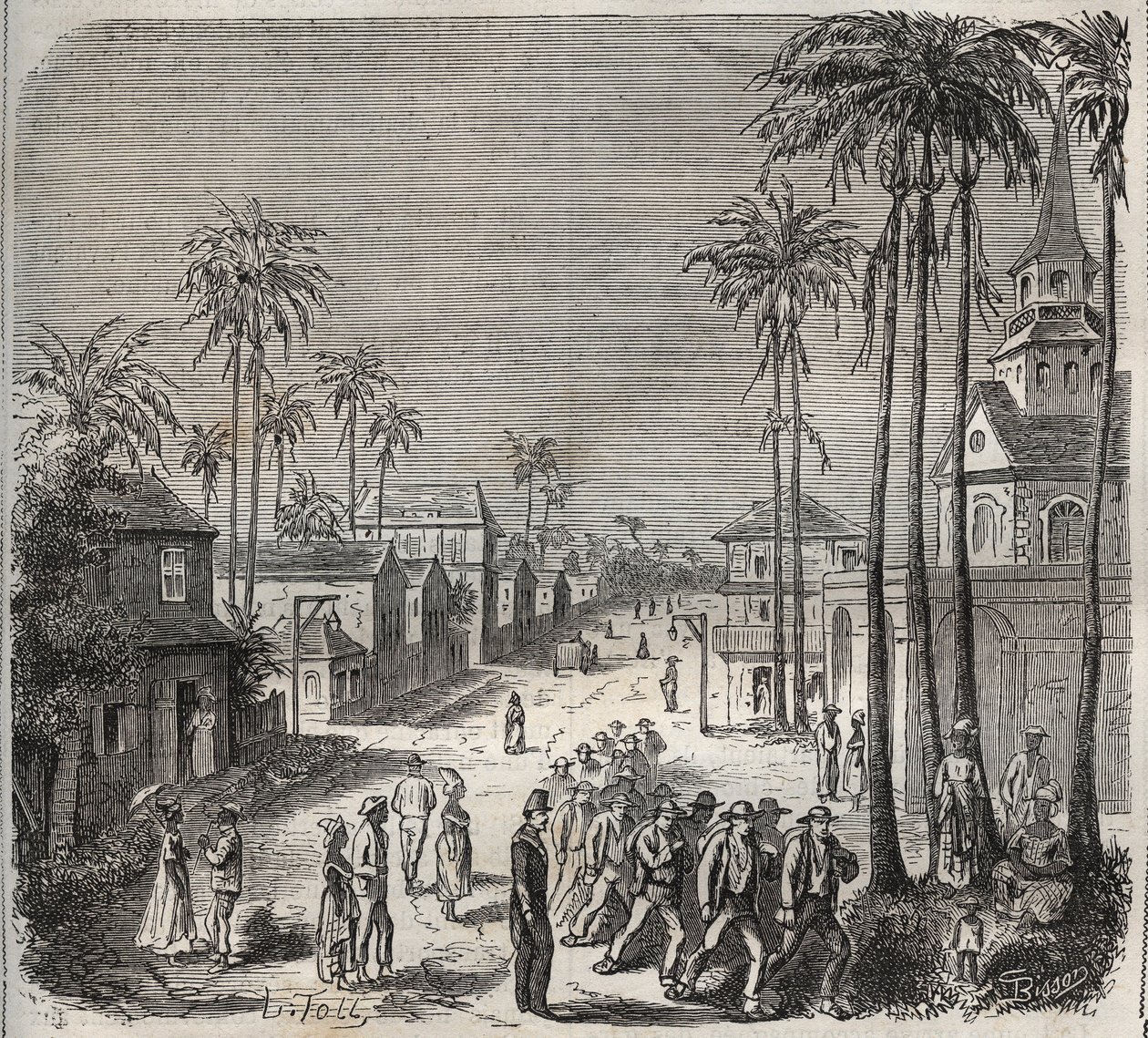 Forcatit töihin Saint-Laurentin (Saint-Laurent) rangaistuslaitokseen Cayennessa (Ranskan Guayana) 1800-luvulla. Kaiverrus kirjaan "Vankiloiden historia niiden luomisesta nykypäivään" (1877), Pierre Zaccone (1817-1895) (Colonia Penale - Rangaistussiirtokunt tekijältä Anonymous Anonymous