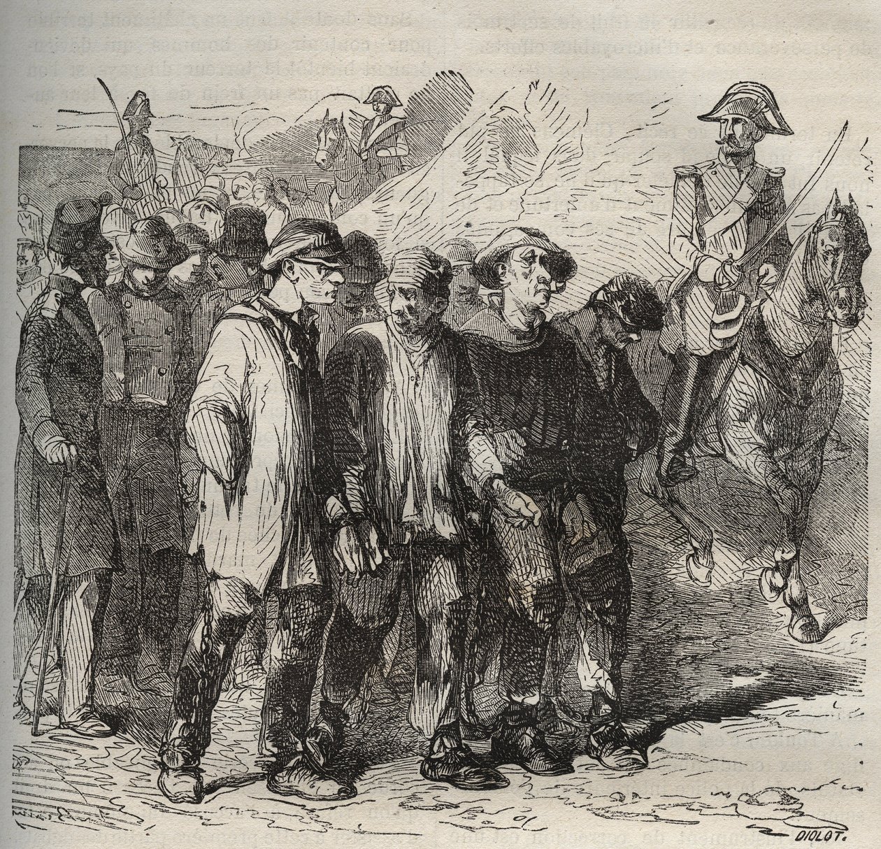 Tuomitut maaliskuussa Bagne de Rochefortissa 1800-luvulla. Pierre Zacconen (1817-1895) (1817-1895) (Colonia Penale - Penal Colony) kaiverrus kirjaan ”Vangoitujen historia heidän luomisestaan ​​nykypäivään” (1877). Yksityinen kokoelma. tekijältä Anonymous Anonymous