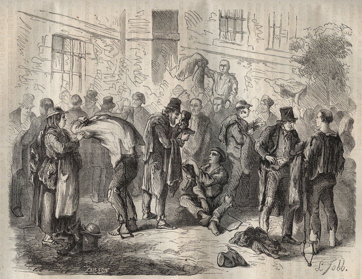 Forcatit myivät omaisuutensa ennen saapumistaan ​​Toulon Bagneen 1800-luvulla. Pierre Zacconen (1817-1895) (1817-1895) (Colonia Penale - Penal Colony) kaiverrus kirjaan ”Vangoitujen historia heidän luomisestaan ​​nykypäivään” (1877). Yksityinen kokoelma. tekijältä Anonymous Anonymous