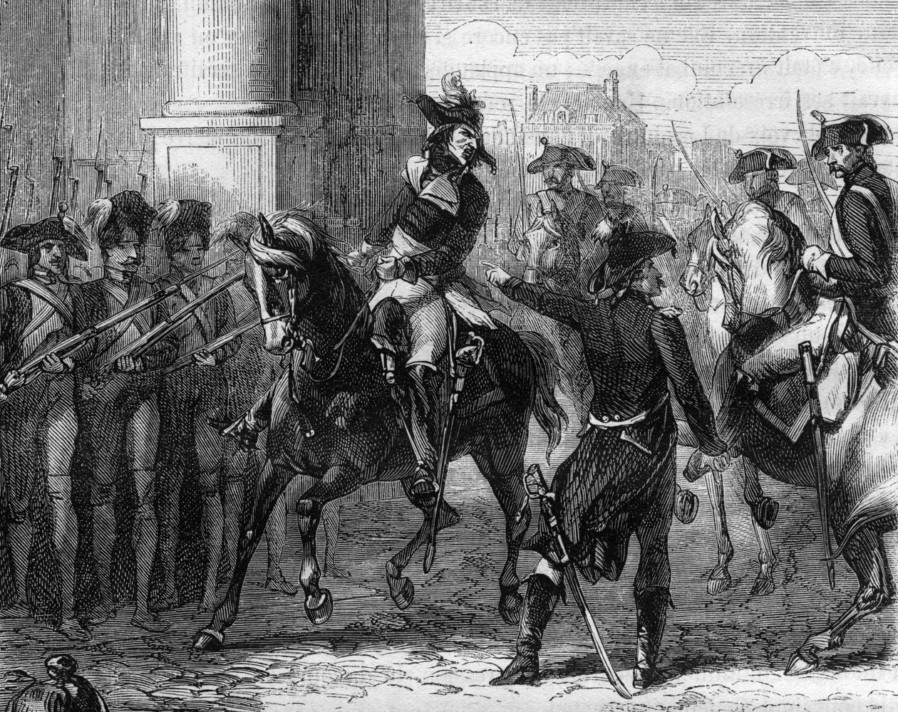 Francois Hanriot (1761-1794), ranskalainen vallankumouksellinen konventin ovella (9 thermidor 1794) - Kaiverrus Alphonse de Lamartinen (1790-1869) "Histoire des Girondins" -kirjaan 1865-1866 - Yksityinen kokoelma tekijältä Anonymous Anonymous