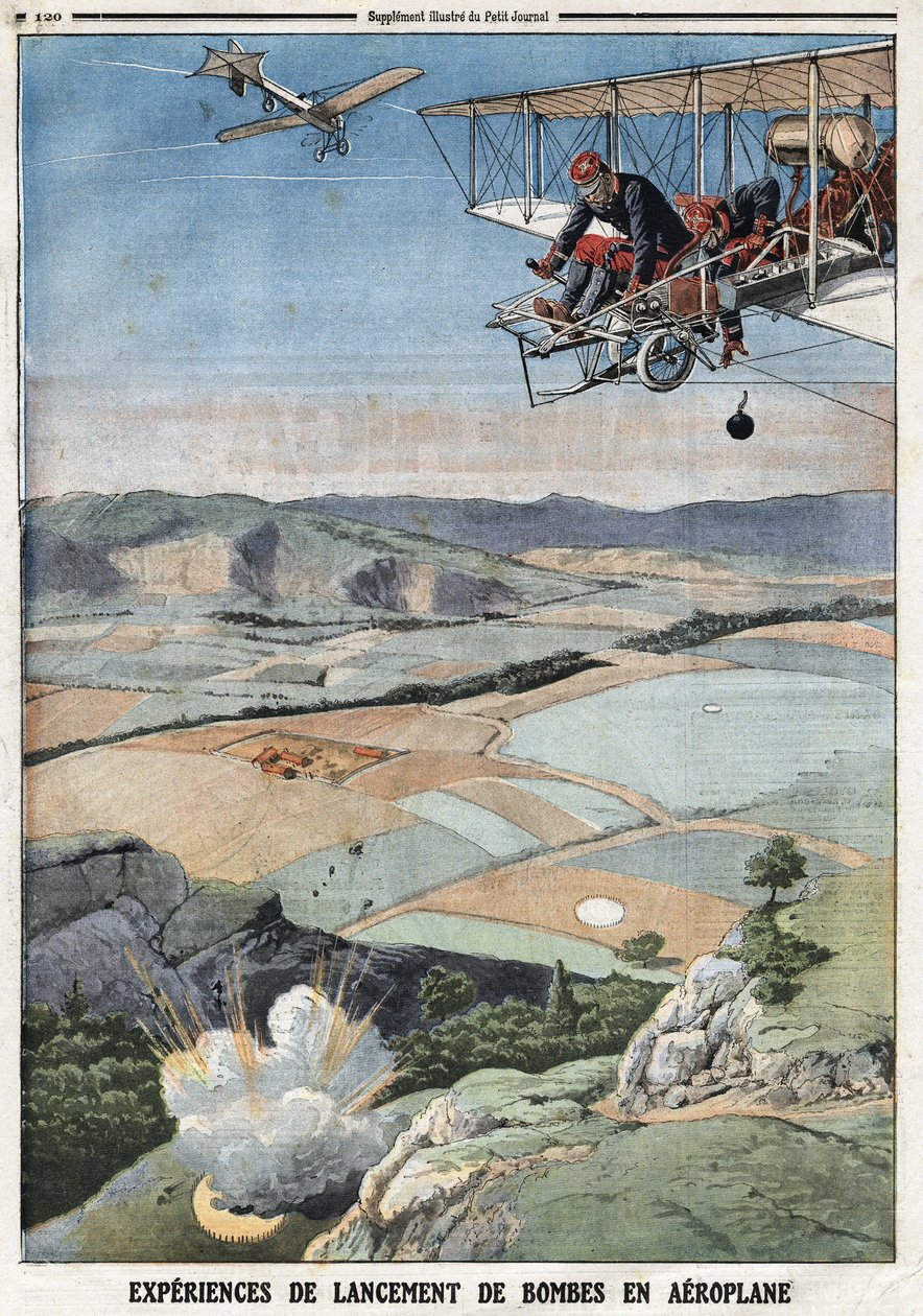 French Armee: "" Lentokonepommin laukaisukokemukset"". Kaiverrus "" Le Petité Journal" -lehdessä, 14.4.1912. Yksityinen kokoelma. tekijältä Anonymous Anonymous