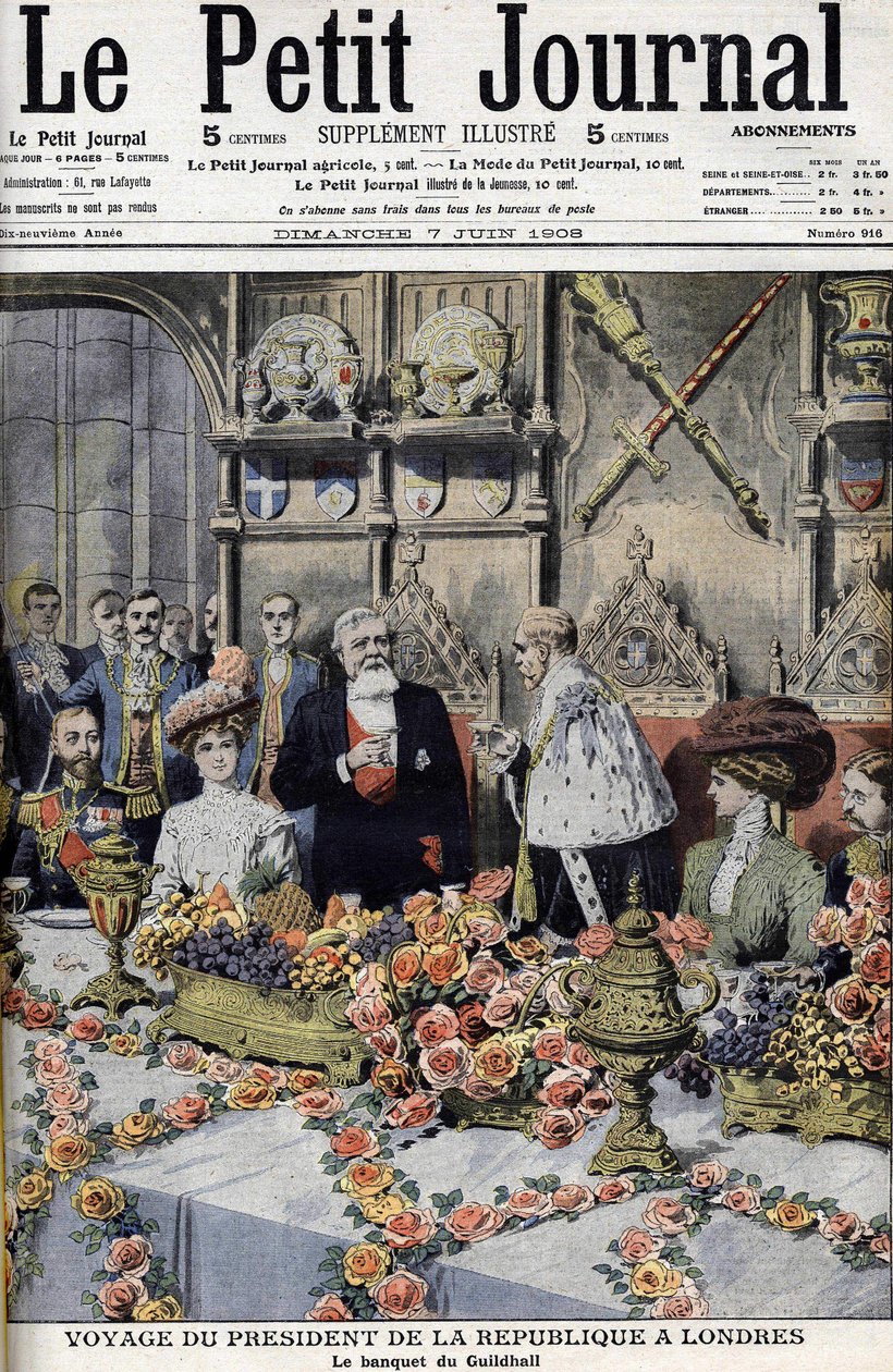 Ranskan presidentti Armand Fallières (1841-1931), jonka Lord Mayor otti vastaan Lontoossa Guildhallissa pidetyssä juhlassa. Le petit Journal, kesäkuu 1908 (kaiverrus) tekijältä Anonymous Anonymous