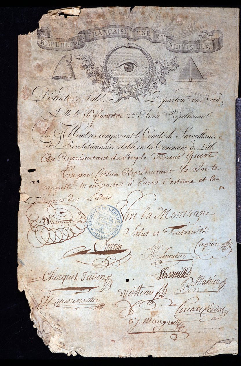 Revolució Francesa: certificat de ciutadania de Guiot de Saint-Florent (Sant Florent) dit Florent-Guiot (o Florent-Guyot) (1735-1834), revolucionari i representant del poble, pel Comitè Revolucionari de Lille de 16 anys II (02/09/1 finès tekijältä Anonymous Anonymous
