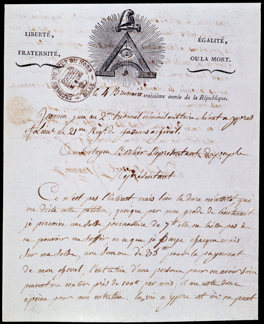 Ranskan vallankumous: armeijan hallinnollisen kirjeen ensimmäinen sivu ja otsikko 4 sumu vuosi III (25/10/1794), päivätty 18. Frimaire vuosi III (08/12/1794), jossa tasavaltalainen merkintä "Liberte Egalite, Fraternite ou la Mort" ja symbolit Franco-Maconn tekijältä Anonymous Anonymous
