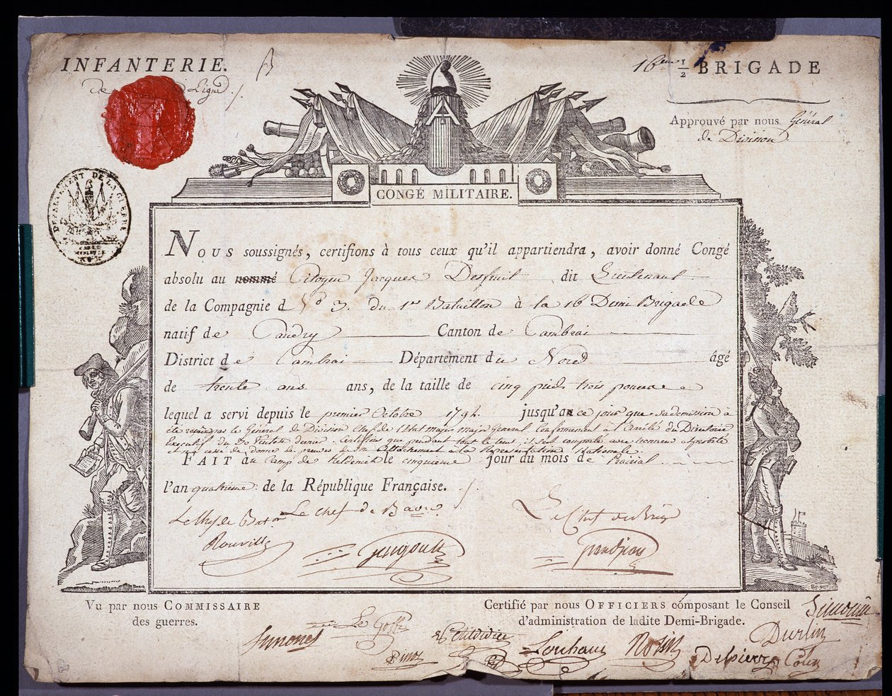 Ranskan vallankumous: Cambrain piirin prikaatin luutnantin 5. päivä IV (24/05/1796) päivätty virallinen sotilaallinen väkivaltainen asiakirja. Nord Lillen osastoarkisto tekijältä Anonymous Anonymous