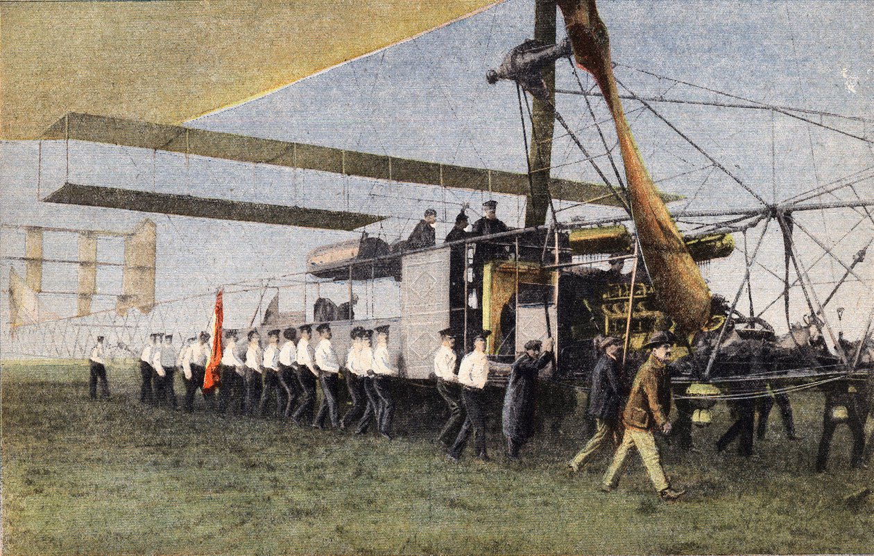 Compiegestä Lontooseen ilmalaivalla: Englantilaiset sotilaat hinaavat Bayard-Clementin ilmalaivaa hallissaan Wormwood Scrubbsissa. Kaiverrus. Yksi sanomalehdestä "" Le petit parisien"" 30.10.1910. Yksityinen kokoelma. tekijältä Anonymous Anonymous