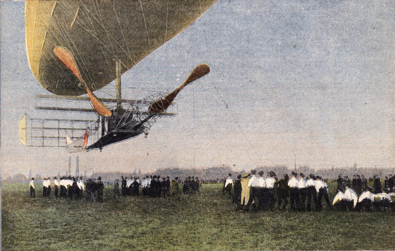 Compiegnesta Lontooseen ilmalaivalla: Bayard-Clementin (Bayard Clement) laskeutuminen Wormwood Scrubbsiin. Kaiverrus. Yksi sanomalehdestä "" Le petit parisien"" 30.10.1910. Yksityinen kokoelma. tekijältä Anonymous Anonymous