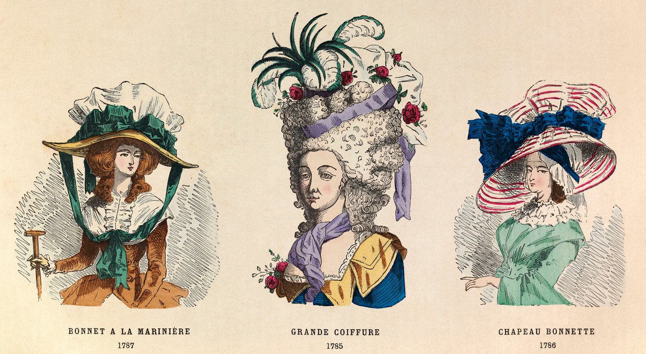Vasemmalta varis: Hat a la mariniere vuonna 1787; Grande Hairstyle vuonna 1785 ja Hat Bonnette vuonna 1786 - yksityinen kokoelma tekijältä Anonymous Anonymous