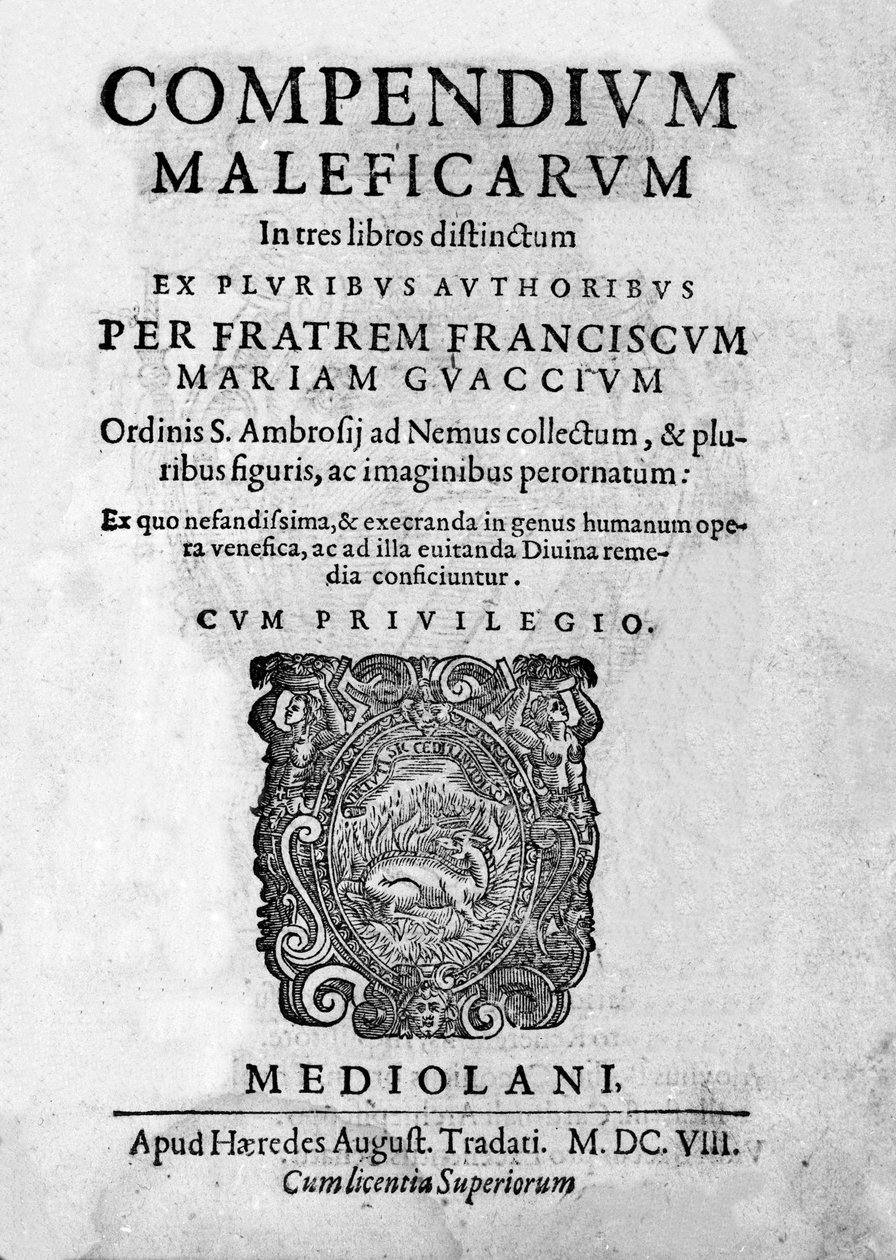 "" Compendium Maleficarum" -elokuva käsittelee noitia, heidän pahuuttaan ja lajittelujaan. Francesco Maria Guazzo tai Guaccio tai Guaccius (15? -16??) 1608 tekijältä Anonymous Anonymous