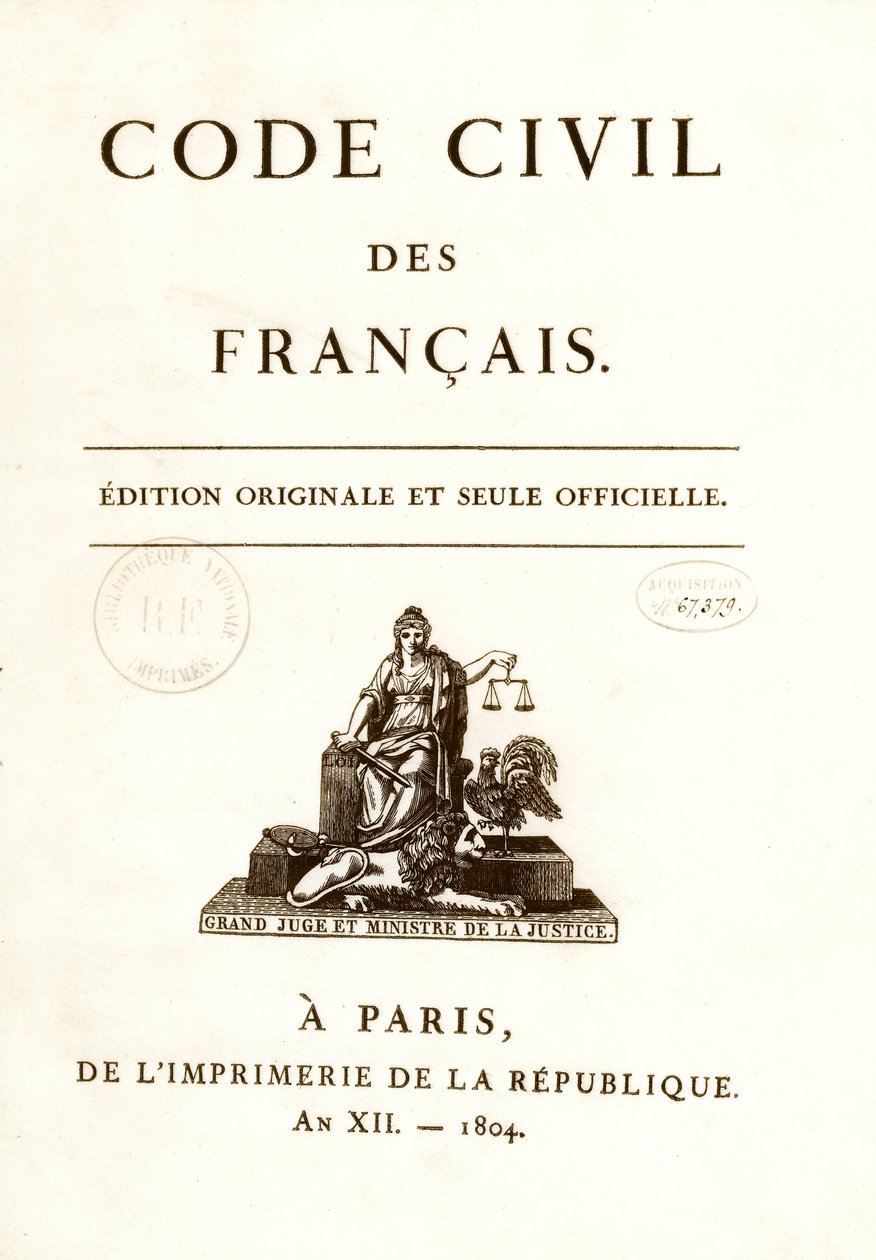 Napoleon Bonaparten 21.3.1804 julkaiseman "Code civil des francais" -kirjan kahdestatoista alkuperäisen painoksen etukuva. Ranskan kansalaisoikeuslaki. B.N. Pariisi tekijältä Anonymous Anonymous