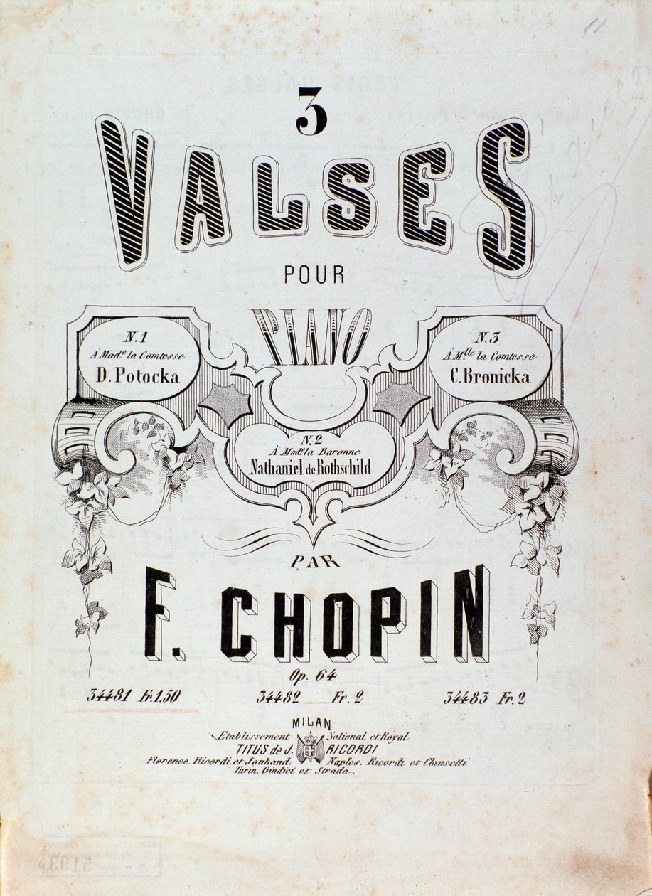 Frederic Chopinin (1810-1849) 1800-luvun yksityiskokoelma kappaleen "3 valssia pianolle" partituurin etukuva tekijältä Anonymous Anonymous