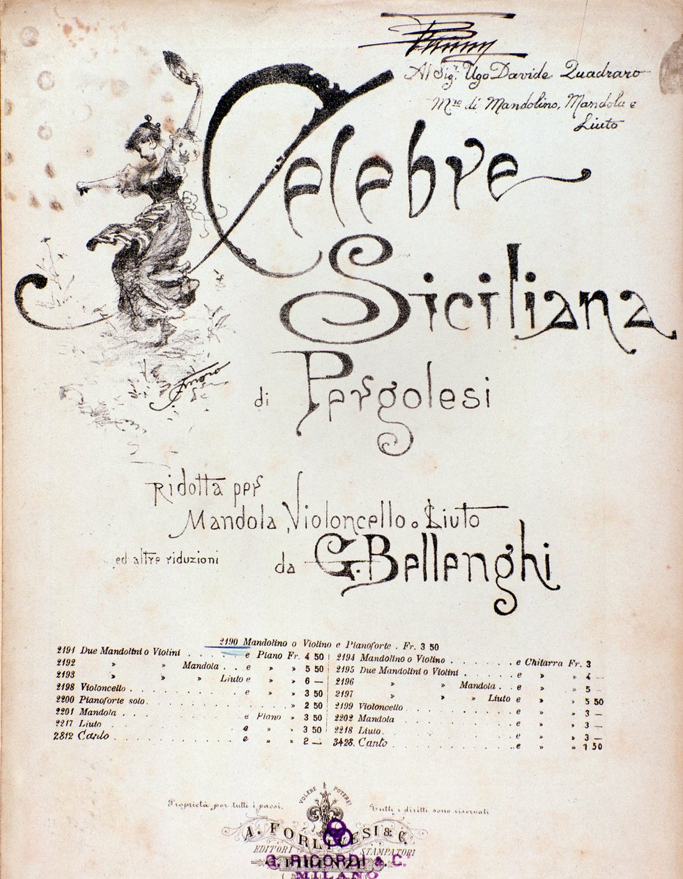 Frontispiece kappaleen Celebre siciliana -kappaleesta GB Pergoleselle tekijältä Anonymous Anonymous