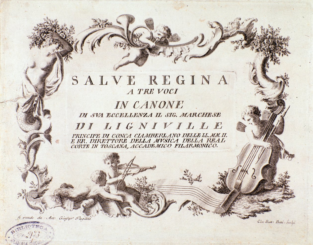 Lignevillen markiisi (1768) Salve regina -laulun kolmiäänisen partituurin etukappale tekijältä Anonymous Anonymous