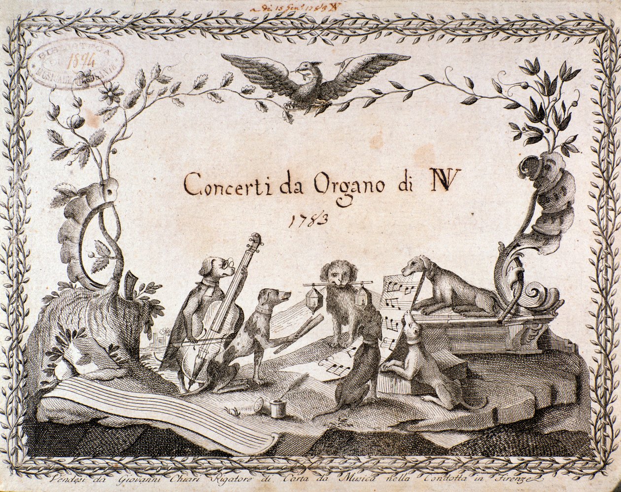 Etukappale nuotituksesta, jossa esitetään soittimia soittavia eläimiä (1783) tekijältä Anonymous Anonymous