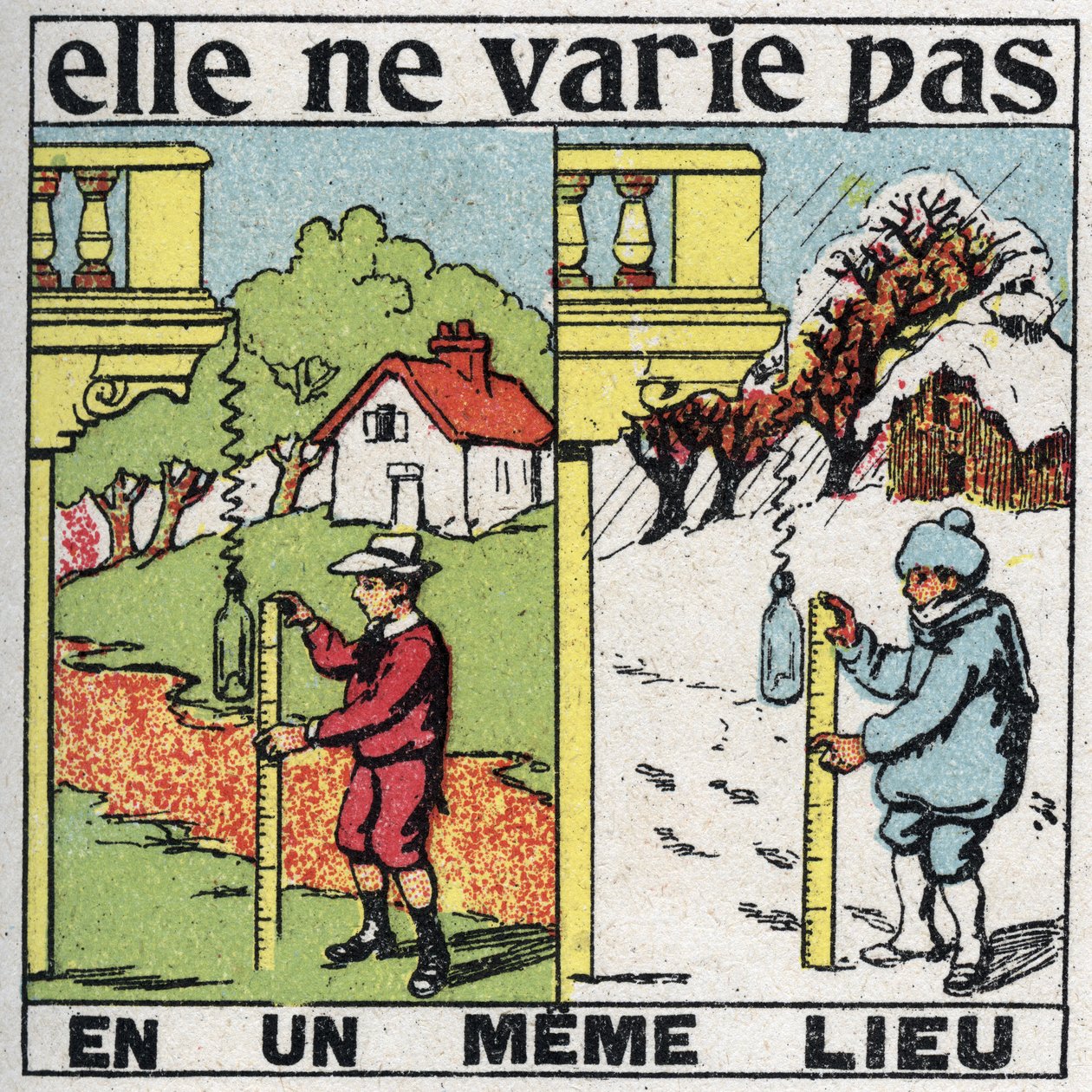 Rakeisuus: se ei vaihtele yhdessä paikassa. Lapsi mittaa painovoimaa jousella samassa paikassa kesällä ja talvella. Nimetön kuvitus vuodelta 1925. Yksityinen kokoelma. tekijältä Anonymous Anonymous