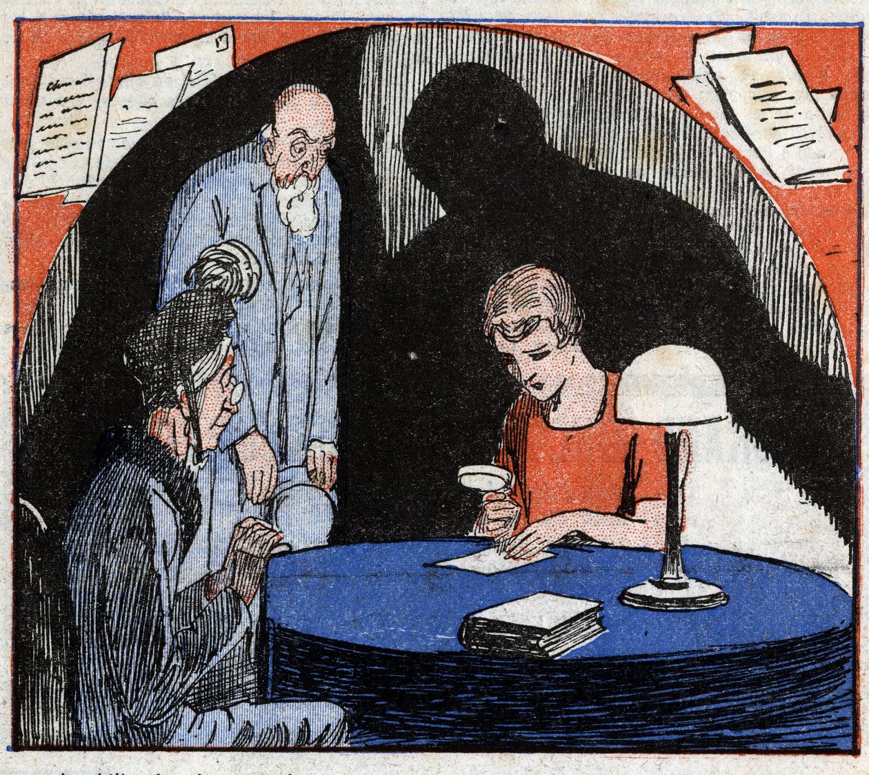 Grafologia: grafologi, jota vanha pariskunta neuvoo, lukee suurennuslasilla henkilön käsinkirjoitettua kirjoitusta päätelläkseen psykologisia piirteitä. Kaiverrus "" Le Petite Journal illustrious"" 1926. Yksityinen kokoelma. tekijältä Anonymous Anonymous