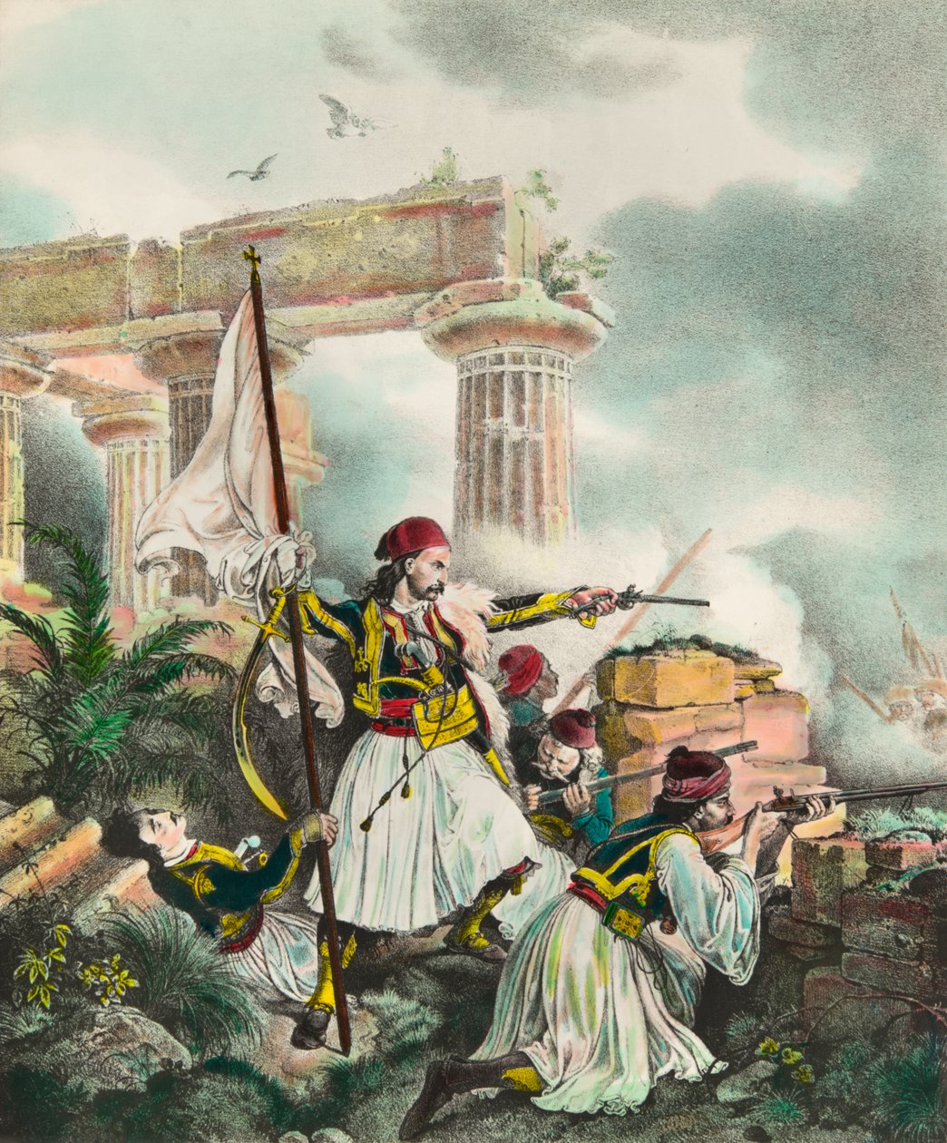 Kreikan itsenäisyyssota Ottomaanien valtakuntaa vastaan: Nickolaki Mitropolosin lippu nousee Salonaan 25.3.1821 järjestetyn kansannousun jälkeen. Litografia 1800-luvun yksityiskokoelmasta tekijältä Anonymous Anonymous