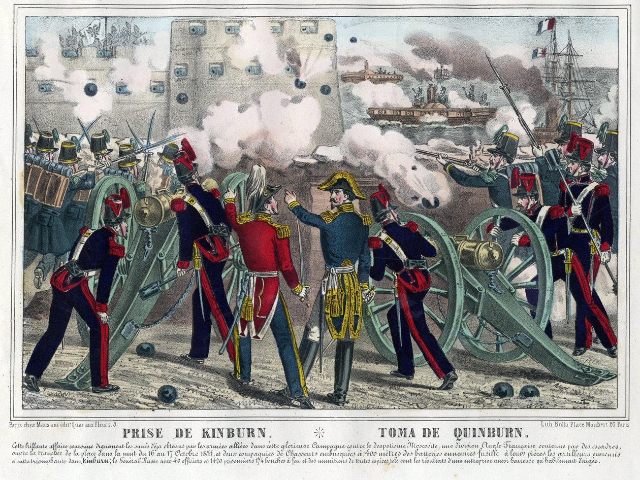 Guerre de Crimee - Bataille de Kinburn (1855) - Kinburnin pommitukset - Anonymous - 1857 - Litografia, akvarelli - 29,5x42,7 - Yksityiskokoelma tekijältä Anonymous Anonymous